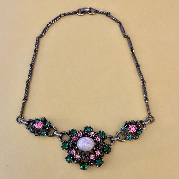 Vintage Coro choker necklace with faux opal + pink and green rhinestones - Picture 1 of 6
